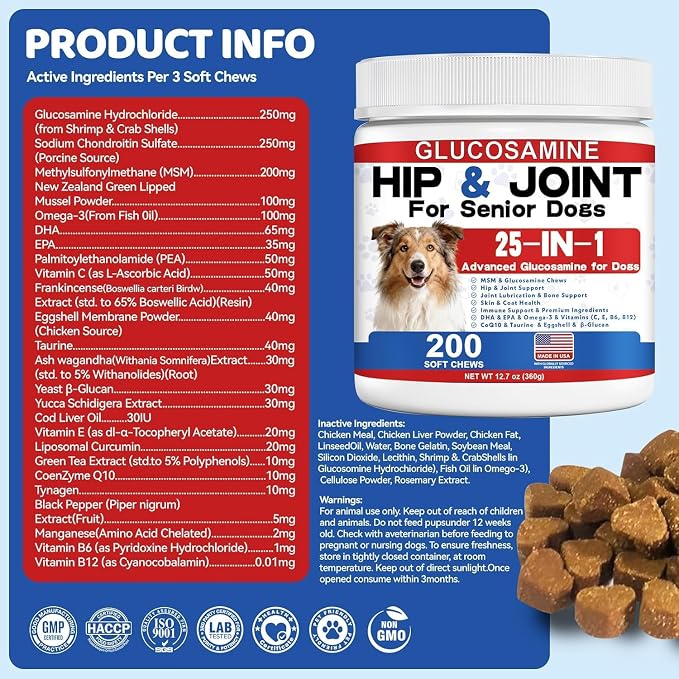 Glucosamine for Dogs Hip and Joint Supplement - 25-in-1 Hip and Joint Chews for Dog with MSM, Green Lipped, Turmeric, Yeast, Omegas, Vitamins| Mobility Support for All Ages & Sizes Dogs,200 ct