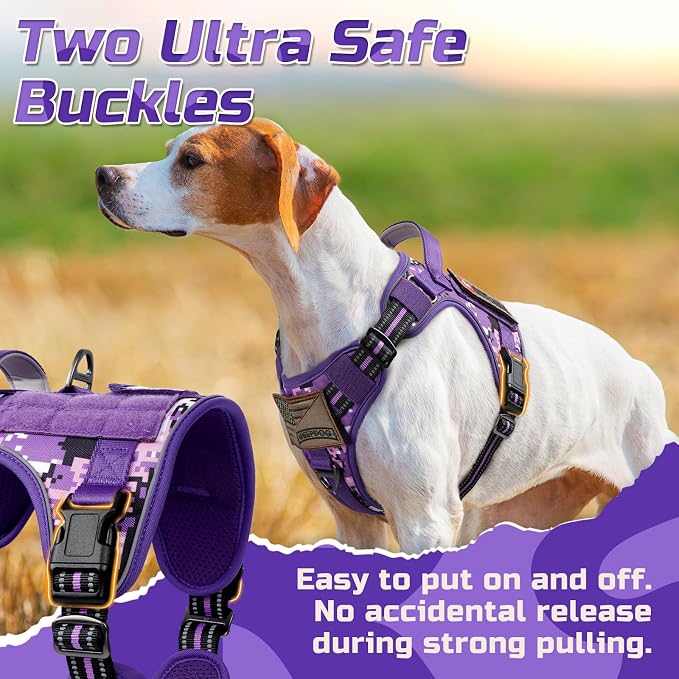 rabbitgoo Tactical Dog Harness for Medium, No Pull Military Service Vest | Molle & Handle, Heavy Duty, Adjustable, Reflective Straps, Easy Control for Training Walking, Purple Camo, Medium