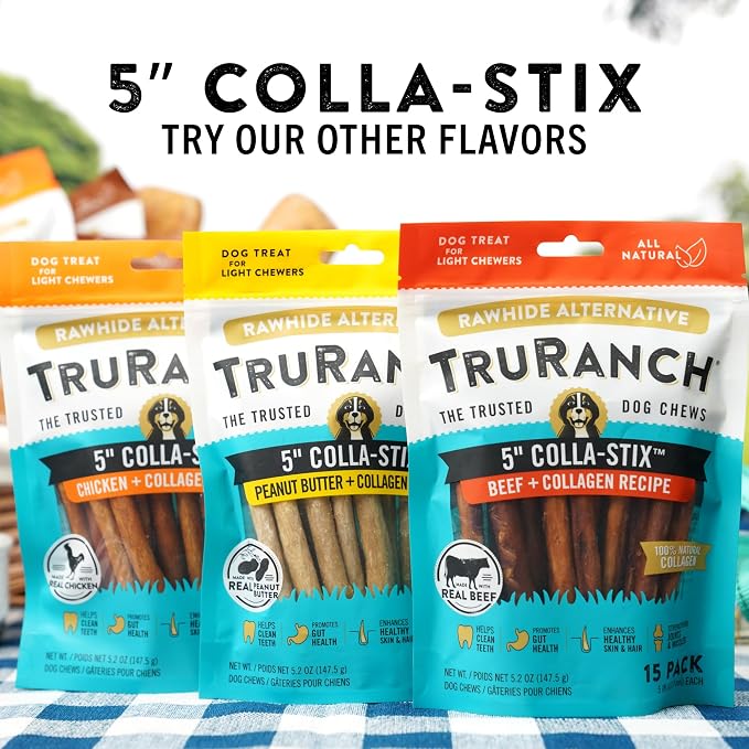 TRURANCH Collagen Sticks - 5" Collagen Sticks for Dogs - Long Lasting Healthy Joint Support - Rawhide Alternative - Skin & Coat Health - Made with Real Beef, Value Pack, 15 Bags, 225 Count