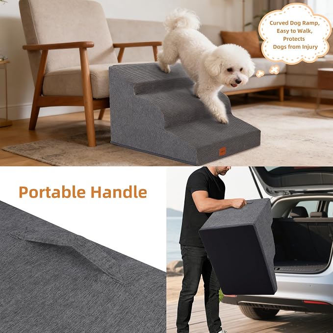 Dog Stairs for Small Dogs,15.7" H,3-Step Curved Pet Ramp for Bed Couch Sofa and Chair,Non-Slip Pet Steps for Injured & Senior Pets with Washable Cover and Durable High Density Foam,Grey