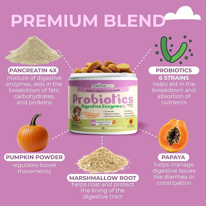 Dog Probiotics with Digestive Enzymes, Allergy Relief. 120 Soft Chews