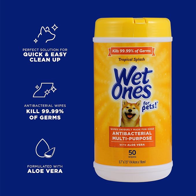 Wet Ones for Pets Antibacterial Grooming Wipes with Aloe Vera, 50 Count (12 Pack)