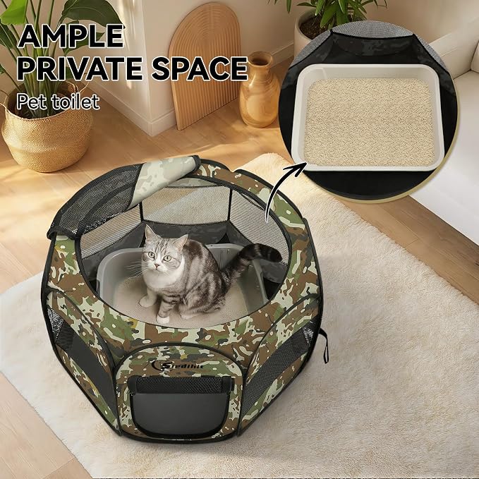 Siedihit Playpen for Small Dog Cat, Dogs Tent Crate Cage Indoor/Outdoor, Portable Pop Up Dog Kennel with Carrying Bag for Rabbits, Removable Top (Green Camo, Small)