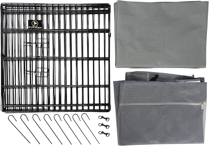 PJYuCien Dog Playpen with Top Cover and Bottom Pad - Metal Foldable Exercise Pen, 8 Panels 24" H x 24" W Indoor Outdoor Pet Fence Puppy Crate Kennel, Gray