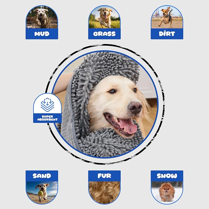 Microfiber Dog Bath Towel – Super Absorbent Dog Towels for Drying Dogs Large & Small, Quick Dry Pet Towel with Hand Pockets, Soft & Durable Puppy Towel, Machine Washable – Grey