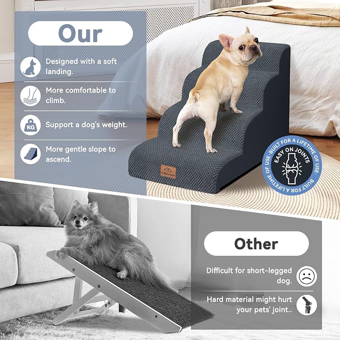 Zerbuger Dog Ramp and Stair for Bed 16" H-20 H,3-Step Cat Stair for Sofa and Chair,4-Step Dog Ramp for High Bed and Window,Durable Nonslip Fabric Cover for Indoor (Dark Grey-20 H, Pet Friendly, 4)