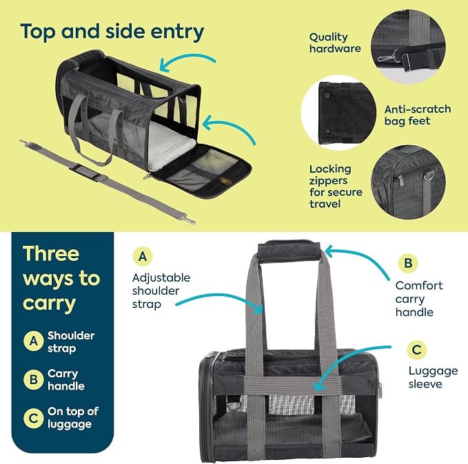 Sherpa Pet Carrier, Spring Wire Frame, Airline Approved, Charcoal Grey, Large