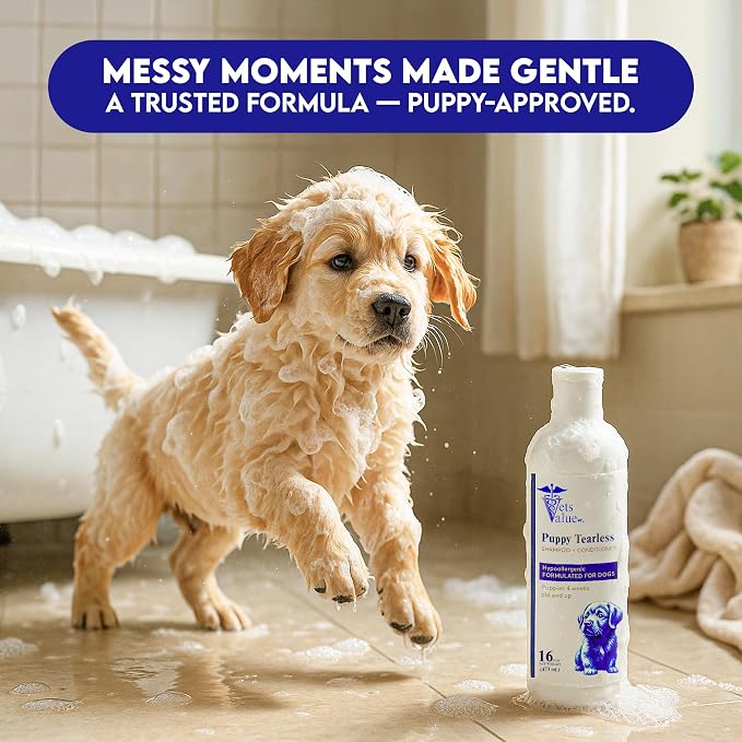 Puppy Tearless Shampoo & Conditioner - Gentle Wash for Puppies with Sensitive Skin – Mild, Tear-Free Formula Suitable for Dogs 4 Weeks and Older – Made in the USA (16 oz)