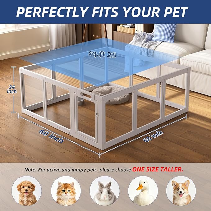 Clear Acrylic Dog Playpen Indoor, Puppy Cat Small Pet Play Pen, Pet Cat Playpen for Rabbits, Dog Fence Crate Kennel Whelping Cage (Grey, 12 Panel)