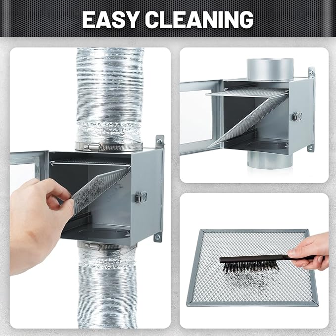 Indoor Lint Trap Dryer Vent Kit with 4inch 8FT Dryer Vent Hose, Suitable for All 4-in Outlet dryers, Secondary Lint Trap for Electric Clothes Dryers - Fluff Collection Box(Metal)