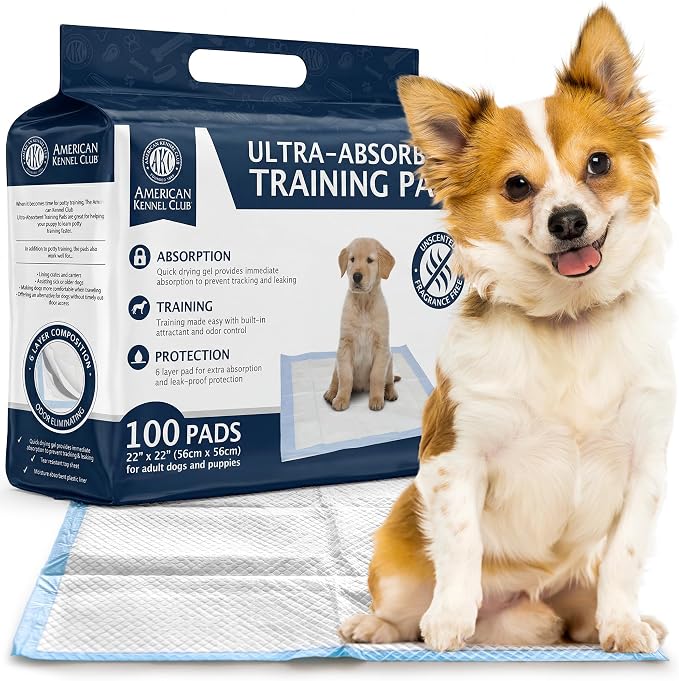 American Kennel Club Puppy Training Pads with Ultra Absorbent Quick Dry Gel – 22 x 22 Pee Pads for Dogs - 100 Count (Unscented)