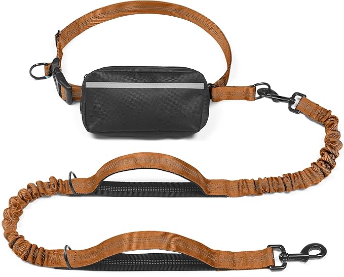iYoShop Hands Free Dog Leash with Zipper Pouch, Large, 25-120 lbs, Brown | Waist Leash, Dual Padded Handles, Shock-Absorbing Bungee, Adjustable Waist Belt, Walking and Running