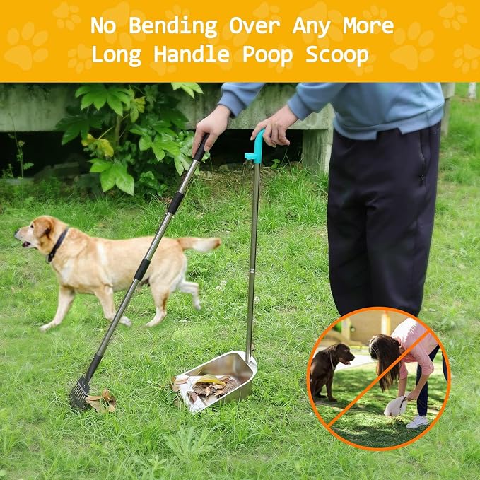 Dog Pooper Scooper for Large Dogs with Large Capacity Tray and 36" Long Handle Rake,Stainless Steel Dog Poop Scooper for Dogs,Heavy Duty Dog Poop Scooper for Yard