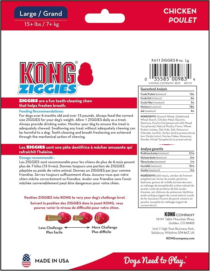 KONG Classic Toy & Ziggies Treats Combo Pack - Durable Chew Toy for Dogs - with Ziggies Chicken-Flavored Treats - Dog Accessories for Fun & Health - for X-Large Dogs