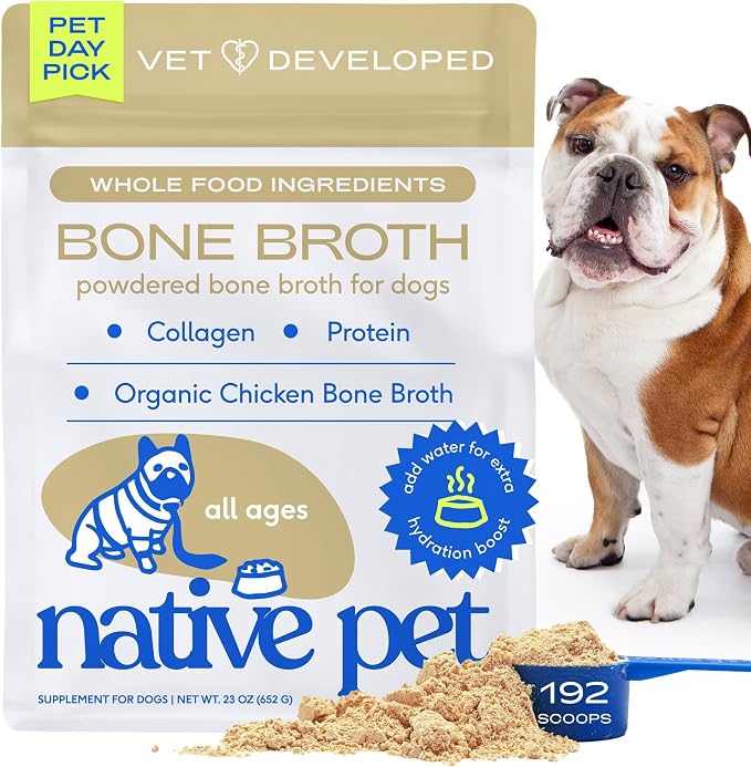 Native Pet Bone Broth for Dogs and Cats - Chicken Bone Broth Powder Dog Food Toppers for Picky Eaters - Provides Extra Nutrition for Joint Strength, Immune Support & Heart Health - 192 Scoops