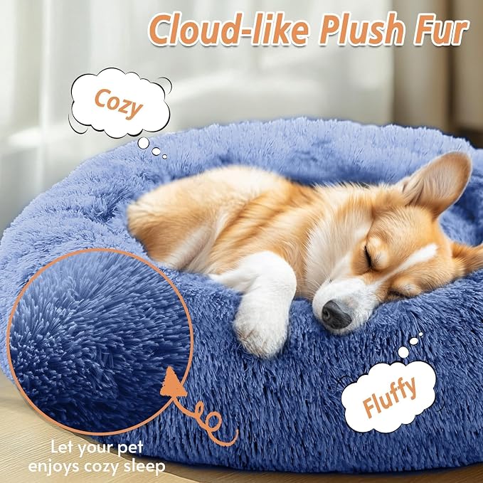 JOLLYVOGUE 36" Calming Donut Dog Bed, Navy Blue