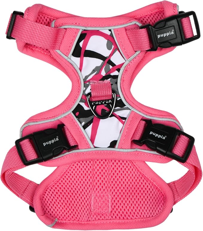 Puppia Abstract Dog Harness H Sturdy Adjustable Neck and Chest Reflective Paint Pattern Front and Back D-Ring for Small and Medium Dogs, Pink, Large