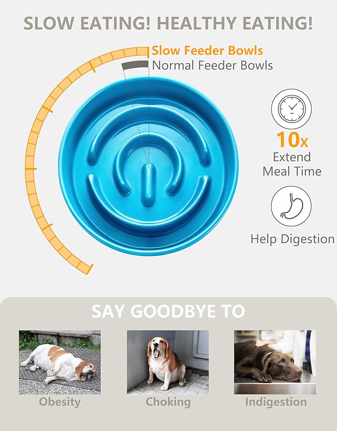 Ceramic Slow Feeder Dog Bowls, 2.0 Cups Slow Feeder for Medium Dogs, Puzzle Maze Bowl to Slow Down Eating, 30oz, 8in, Blue