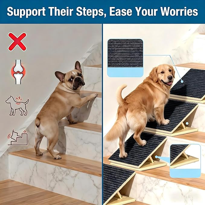 Dog Ramp for Stairs, 4 Pack Foldable Anti-Slip Stair Ramp for Small Dogs, Wooden Pet Steps for Senior, Adjustable Low-Angle Dog Stair