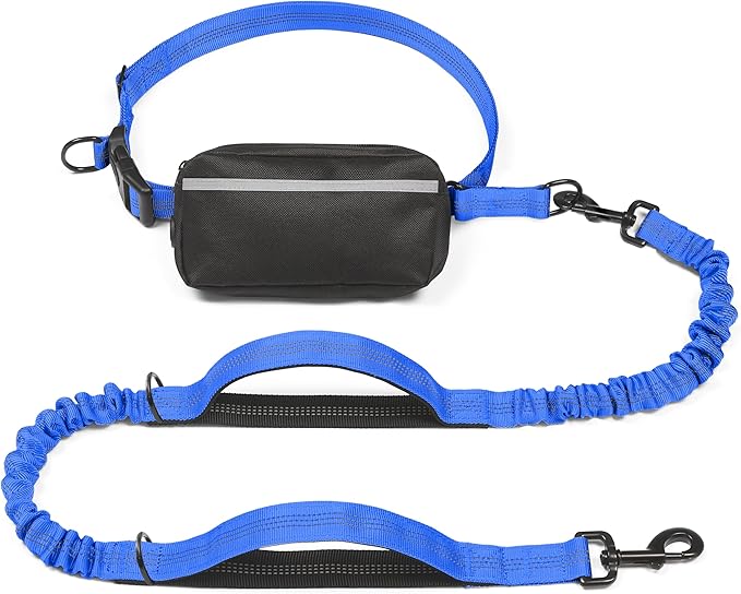 iYoShop Hands Free Dog Leash with Zipper Pouch, Large, 25-120LB, Royal Blue | Waist Leash, Dual Padded Handles, Shock-Absorbing Bungee, Adjustable Waist Belt, Walking and Running