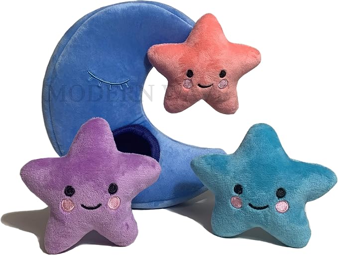 MODERN WAVE - Interactive Squeaky Plush Hide and Seek Squirrel Type Puzzle Toy for Dogs, Small Size (Moon and Stars)