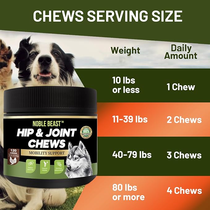 Noble Beast Dog Joint Supplement - Hip and Joint Care for Dogs - All Natural - Soft Chews with Glucosamine, Chondroitin, MSM & Hemp for Dog Joint Relief - Chicken Flavor – 120 Count