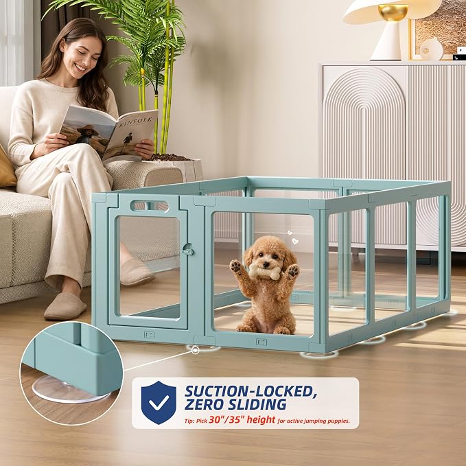 Clear Acrylic Dog Playpen Indoor, Puppy Cat Small Pet Play Pen, Pet Cat Playpen for Rabbits, Dog Fence Crate Kennel Whelping Cage (Green, 8 Panel) 1