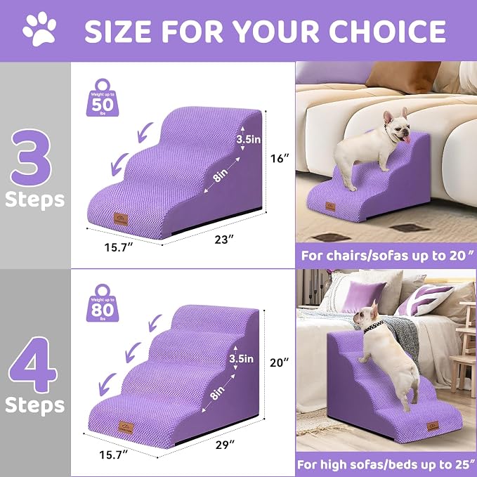 Zerbuger Dog Ramp and Stair for Bed 16" H-20 H,3-Step Cat Stair for Sofa and Chair,4-Step Dog Ramp for High Bed and Window,Durable Nonslip Fabric Cover for Indoor (Purple-20 H, Pet Friendly, 4)