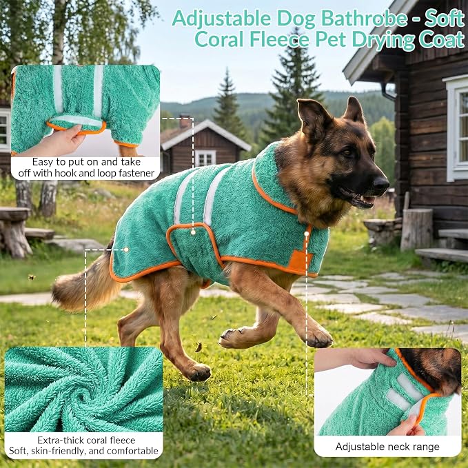 Bienbee Dog Bathrobe, Quick Drying Super Absorbent Pet Robes for Small Medium Large Dogs, Drying Coat for After Bath & Swim, Warm & Cozy Dogs Towels, Dog Puppy Bath Supplies, Lake Green XL
