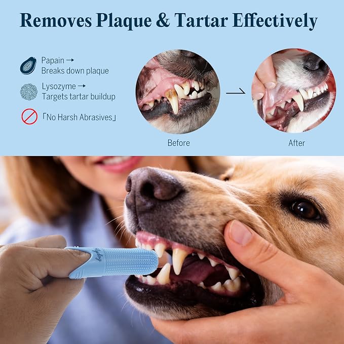 FlyDog Fresh Kiss Nano-HAp Dog Tooth Brushing Kit, Vet Approved Remineralizing Formula for Dogs & Cats - Rebuild Enamel, Remove Tartar & Plaque, 360° Toothbrush & Silicone Finger Brush (Peanut Butter)