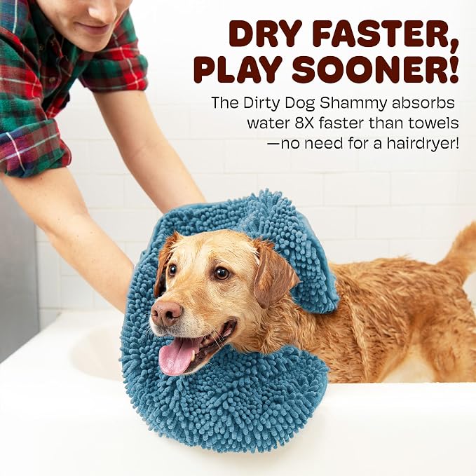 Dog Gone Smart The Dirty Dog Shammy - 2-Pack, Antimicrobial Microfiber Dog Towel for Odor Control, Fast-Drying Plush, Dual Hand Pockets & Super Absorbent, Machine Washable - 31 x 13 in, Pacific Blue