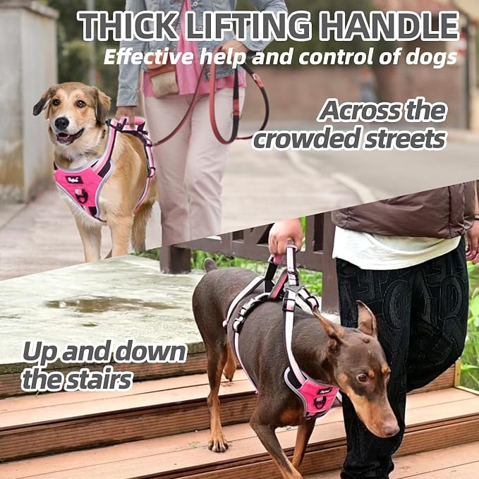 PUPTECK Escape Proof Dog Harness with Padded Handle, No Pull Pet Vest Harness Durable Reflective for Medium Large Dogs Walking Training and Running, Pink, L