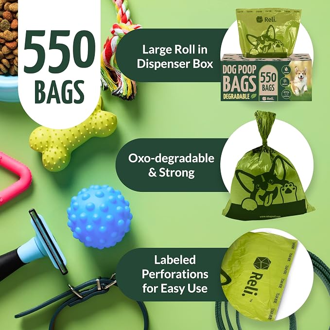 Reli. Biodegradable Dog Poop Bags (550 Count, Bulk) (Large Single Roll - Dispenser Box) | 9x13" Large Dog Bags for Poop | Green, Eco-Friendly | Oxobiodegradable Pet Waste Disposal | Unscented