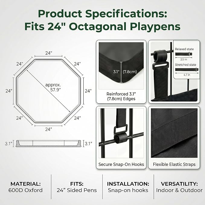 PJYuCien 2-in-1 Octagonal Dog Playpen Pad, 24" Side Waterproof Bottom Liner Escape-Proof Top Cover, 600D Oxford with Snap Hooks for Puppy Small Animals, Black
