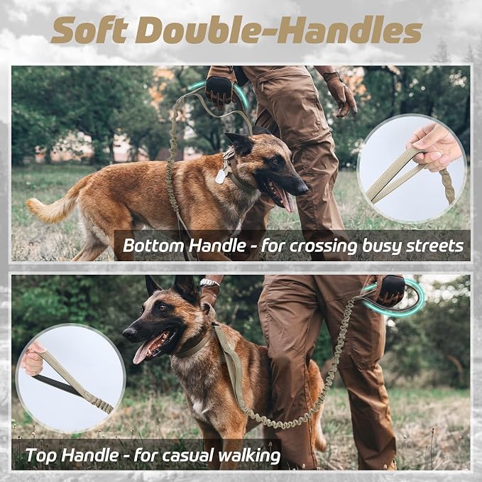 rabbitgoo Tactical Dog Leash, Heavy Duty Training Bungee Lead | Military Leash with 2 Padded Control Handles for Medium Large Dogs, No Pull for Shock Absorption, Reflective, Brown, 6FT