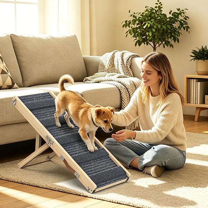 Pawaboo Foldable Dog Ramp for Couch & Sofa – 4 Adjustable Heights (13"-21") with Non-Slip Pad, Portable Pet Stairs for Small Dogs & Car, Supports Up to 33 lbs, Wood