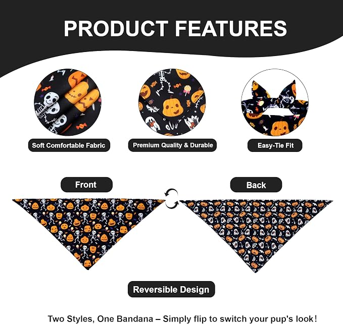Halloween Dog Bandana for Large Dogs, Pumpkin, Large, Black