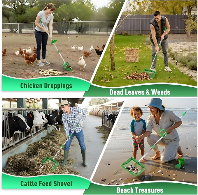 TOOGE Large Chicken Poop Scooper: 2-in-1 Metal Pooper Scooper & Rake Adjustable 62" Long Handle Stainless Steel Sand Sifting Litter Shovel Chicken Coop Scoop Cleaning Tool for Goat Yard Bright Green