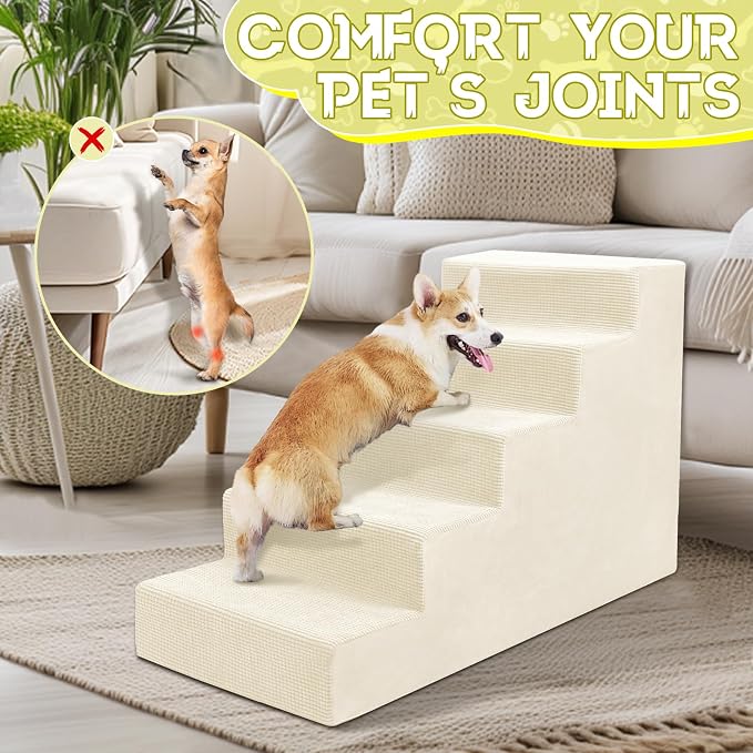 Niubya Dog Stairs for Small Dog and Cats,23”H Non-Slip Bottom Pet Steps for High Beds and Couch,Extra Wide High-Density Foam Pet Stairs White,5 Steps