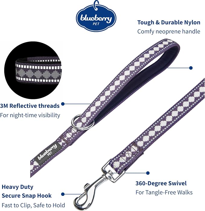 Blueberry Pet 3M Reflective Jacquard Dog Leash with Soft & Comfortable Handle, 4 ft x 1", Purple Grey, Large, Leashes for Dogs