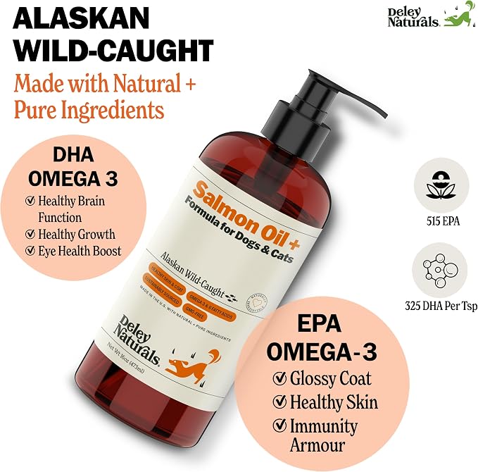 Deley Naturals Wild Alaskan Salmon Oil for Dogs & Cats - New and Improved Salmon Oil Plus Formula - Fish Oil for Dogs with Omega 3, DHA and EPA - Omega 3 for Healthy Skin and Coat - 16oz Made in USA