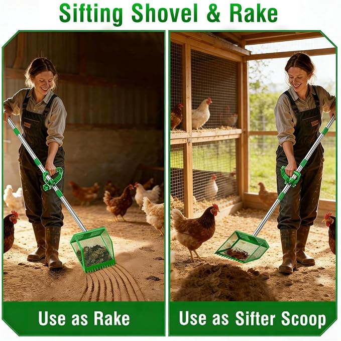 TOOGE Large Chicken Poop Scooper: 2-in-1 Metal Pooper Scooper & Rake Adjustable 62" Long Handle Stainless Steel Sand Sifting Litter Shovel Chicken Coop Scoop Cleaning Tool for Goat Farm Yard Green