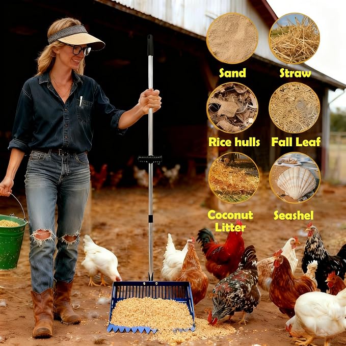 Chicken Poop Scooper & Rake 2-in-1, 15" Extra Large Stainless Steel Litter Scoop, 21"-76" Adjustable Handle, Chicken Coop Cleaner for Sand, Pet Waste & Litter Sifting
