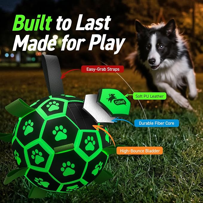QDAN Glow in The Dark Dog Toys, Dog Soccer Ball with Straps, Night Play Fun | Light Up Dog Balls for Large Dogs, Interactive Training Dog Tug Toys for Tug of War, 8 Inch, 30-90 lbs Puppy Ball, Dog Gifts