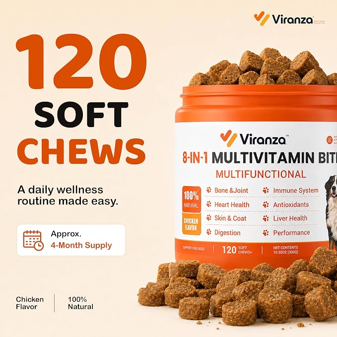 120 Dog Multivitamin | 8-in-1 Dog Allergy Chews | Probiotics for Dogs | Daily Dog Vitamins & Supplements, Chicken Flavor Multivitamin for Digestion, Gut, Hip & Joint, Skin & Coat and Immune Support