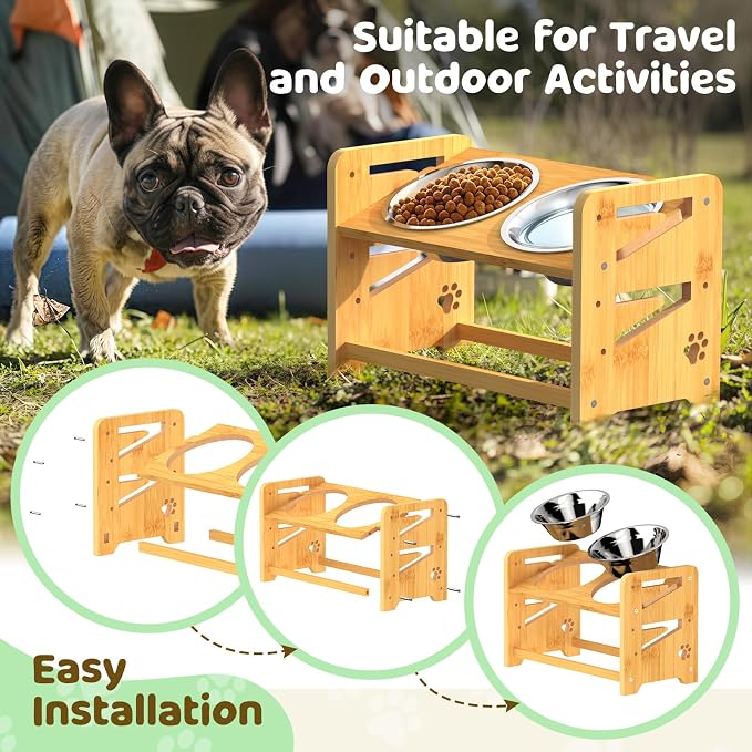 Elevated Dog Bowls, Adjustable Raised Dog Bowl Stand for Medium and Small Pet, 11" High Bamboo Pet Food Feeder with 2 Stainless Steel Dishes（4 Heights）