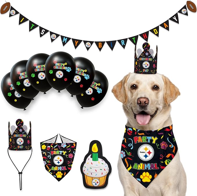 NFL Pittsburgh Steelers Dog Birthday Party Set 10pcs with 1 Football Bandana Large/X-Large, 1 Crown Hat, 1 Banner, 1 Birthday Cake Toy & 6 B-Day Balloons, Dog Birthday Set, Costume, Fun Doggie Pawty