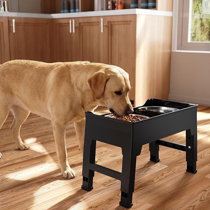 CZPET Elevated Dog Bowls Mess Proof with Splash Guard 4 Heights Adjustable Raised Stand with 2L (67 oz) Stainless Steel Bowls, Lifted Food Water Feeder for Small, Medium & Large Dogs