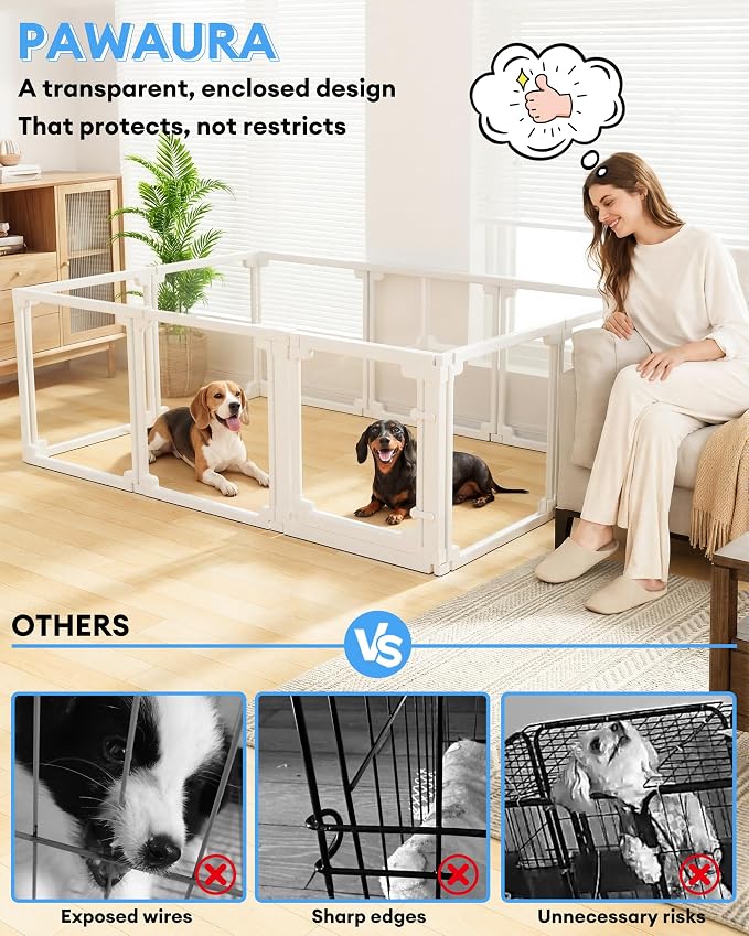 Clear Acrylic Dog Playpen Indoor,Tool-Free Assembly & Easy Clean,24 in Puppy Playpen with Door for Small Dogs/Cats/Rabbits/Pigs/Ferret,Indoor and Outdoor Use,6 Panels(White