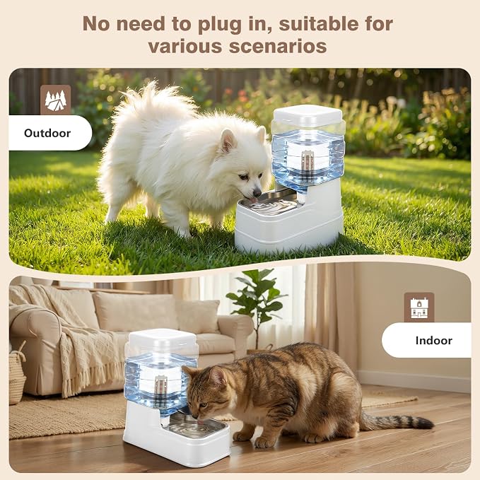 1.1 Gallon Pet Automatic Dog Water Dispenser Cat Gravity Waterer Feeder with Stainless Steel, 1.1 Gallon, Polyester, White
